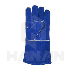 Venta caliente Color azul sólido grano de vaca cuero dividido resistente al calor antideslizante puño largo MIG guantes de soldadura guantes de seguridad - Product Image 6