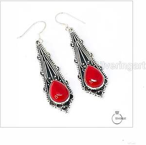 Boucles d'oreilles pendantes pour femmes, pierre précieuse en corail naturel, pierre de naissance authentique, fiançailles, Noël, bijoux faits à la main, boucles d'oreilles en argent sterling 925 - Product Image 1