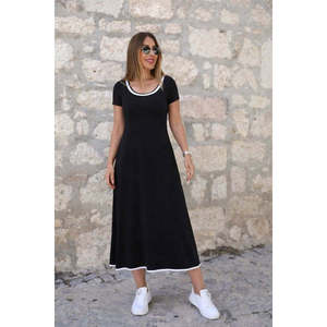 Robe mi-longue en viscose pour femme, col rond, manches courtes, col coloré, évasée, 36303 - Noir - Product Image 1