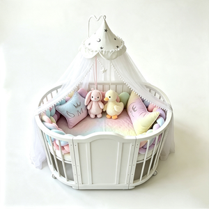 customized Baby Oval <b>Crib</b> With <b>Canopy</b> Soft Plush Bedding Set Pastel Colors Unisex 0-24 Months - Product Image 1