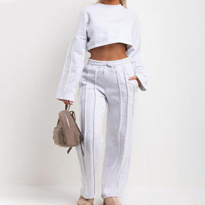 Premium Quality Grey Marl 2 Piece Women's Tracksuit Set Jogger And Crop Sweatshirt With Seam <b>Detail</b> Women's Two Piece Sweat Set - Product Image 1