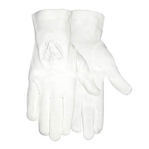 Gants en coton blanc rite français maçonnique 2025 avec motif carré brodé et badge cousu en cuir - Product Image 1