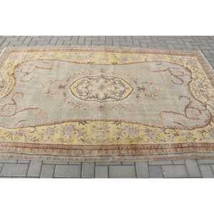 Vintage Turkish Rug, 5.4x9.1 ft Large Rug, <b>Yellow</b> Brown Polka dot <b>Wool</b> Rug - Product Image 4