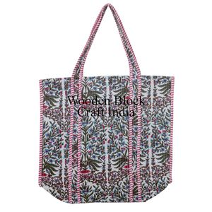 Sac fourre-tout matelassé en coton indien fait main, style bohème vintage, avec deux compartiments ouverts tendance, imprimé au bloc personnalisé, cadeau sur mesure - Product Image 1