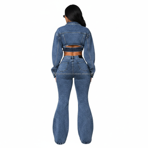 Nuevo conjunto de mezclilla de dos piezas para mujer, top corto sexy con cremallera y jeans acampanados con hebilla cruzada, conjunto de ropa urbana de 2 piezas - Product Image 2