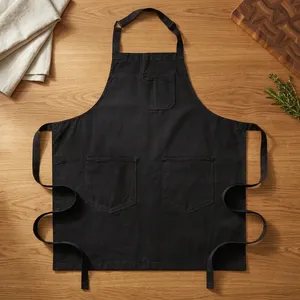 Classic <b>Black</b> Durable Reusable Bib <b>Apron</b> with Three Pockets Heavy Duty Machine Washable Canvas Woven Style for Daily Use - Product Image 1