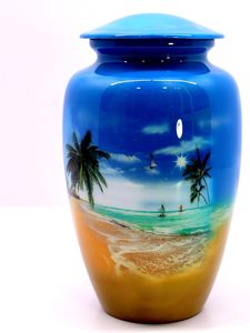 Metal Cremation Urn <b>Memorial</b> Jar Pot Container Medium Size Urn for Funeral Ashes Burial Wave Printed Metal Urn Multicolor - Product Image 2