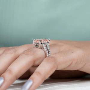 IGI Certified Emerald Cut Morganite Engagement <b>Ring</b> with Round Diamond VS Clarity <b>Split</b> Shank Statement Style Rhodium Plated - Product Image 6