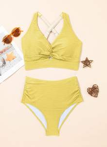 ชุดว่ายน้ำบิกินี่แบนเดจสีเหลืองสำหรับผู้หญิงชุดว่ายน้ำสองชิ้นเอวสูงชุดชายหาดเอวสูงผ้าพันด้านหน้าเซ็กซี่สีทึบ - Product Image 5