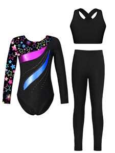 Justaucorps de gymnastique pour filles avec imprimé étoiles, body noir à manches longues et ensemble de leggings courts croisés, à porter en toutes saisons - Product Image 1
