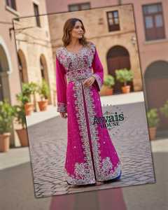 AWAIS HOUSE Solid Floor Length Velvet <b>Sequined</b> Hand Beaded Lightweight Plus Size High Neck Long Sleeve <b>Flared</b> Hem Evening Party - Product Image 3