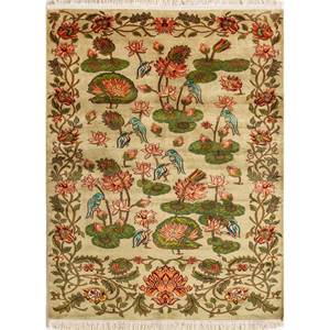 Alfombra Rectangular de Seda Anudada a Mano Gulmarg Green con Diseño Floral de Viscosa para Uso Doméstico - SKPS-212 para Dormitorio, Sala de Estar, Pasillo - Product Image 1