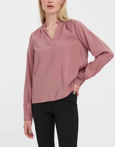 Impresionante Blusa de Manga Larga con Cuello en V, Mangas Abullonadas, Volantes en el Cuello y Dobladillo Curvo - Product Image 1