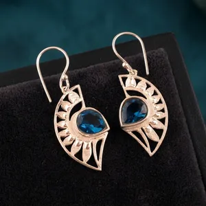 Women's 925 Sterling Silver Bohemia Drop <b>Earrings</b> With London <b>Blue</b> <b>Topaz</b> Bezel Setting Flower Pattern Everyday Wear - Product Image 2