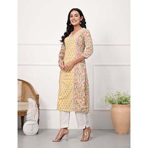 Yellow Floral-<b>Printed</b> Straight Kurti Traditional Indian Ethnic Cotton Butti <b>Block</b> Stitched for Daily Wear Parties Made Rayon - Product Image 4