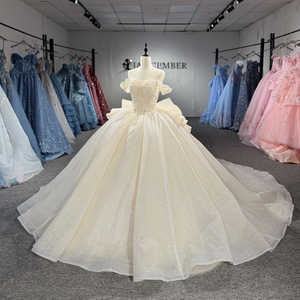 8527 Glitter Champagne <b>Boat</b> Neck Bow Puffy Quinceanera Gowns Dresses For Women - Product Image 2