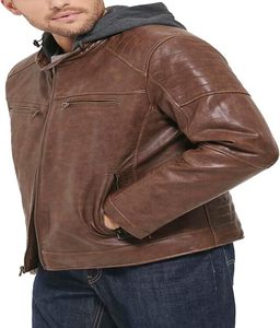 Chaqueta de cuero de motorista estilo Brando personalizada para hombre, piel de vaca auténtica suave con Capucha ajustable y cuello alto para invierno - Product Image 1