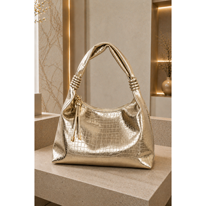 Elegante Bolso de Mano y Hombro Dorado con Patrón Repujado, Detalle Metálico, Material PU, Detalle Fruncido - Product Image 1