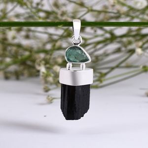 Venta al por mayor hecho a mano 925 colgante de plata esterlina piedra preciosa Esmeralda turmalina negra con oro amarillo colgantes finos y dijes para ella - Product Image 5