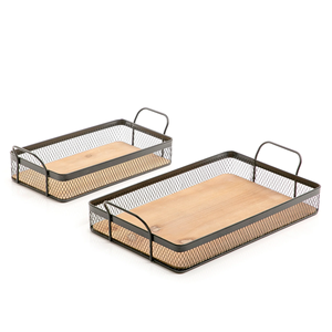 Plat de plateau de service de nourriture de rectangle de couleur noire et brune pour la maison nouveau plateau de service en métal et en bois de concepteur avec la poignée et les retards - Product Image 4