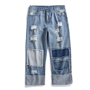 Fabricantes de ropa, pantalones vaqueros rasgados para hombre, bragas sueltas con apliques de pierna recta, pantalones recortados de piel de Hip Hop - Product Image 1