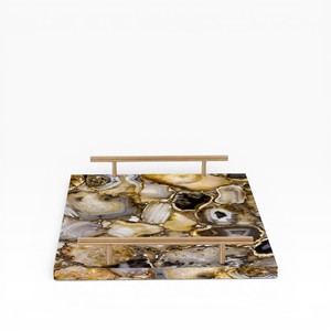 Plateau de service rectangulaire en agate naturelle avec motif de cristal linéaire et poignées en argent brossé - Product Image 2