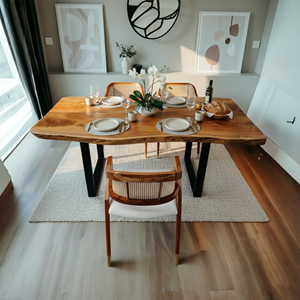 Mesa de comedor de borde vivo de madera maciza de diseño antiguo contemporáneo con patas de metal Durable de 6 plazas para uso doméstico y hotelero - Product Image 3