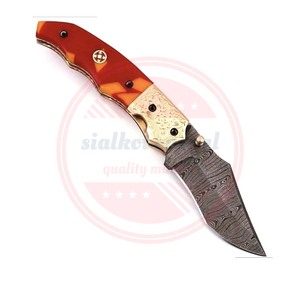 CUCHILLO PLEGABLE DE ACERO DAMASCO HECHO A MANO CON HOJA DE BORDE AFILADO NAVAJAS AL AIRE LIBRE CAMPING - Product Image 2