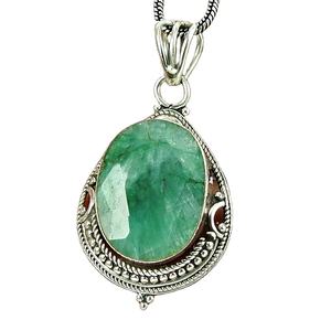 Pura Plata de Ley 925 Esmeralda natural Piedra preciosa Forma ovalada Colgante Artesanal indio Joyería hecha a mano Precio al por mayor Proveedores - Product Image 1