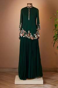 Hermosa tela de seda bordada Kurta Lehenga vestido de fiesta pesado cuentas de cristal Dabka trabajo encaje botón Decoración - Product Image 2