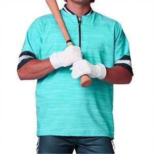 Maillot de baseball pour homme, couleur turquoise, manches courtes, fermeture éclair sur le devant, tissu polyester respirant, coupe classique, couleur unie, col de baseball - Product Image 1