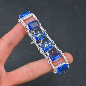 Pulsera de compromiso de boda de lujo chapada en plata de ley hecha a mano con piedras preciosas de iolita azul creada en laboratorio de 7-8 pulgadas - Product Image 6