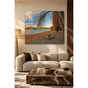 Banc isolé Fida au bord du lac en automne, impression sur toile - Product Image 4