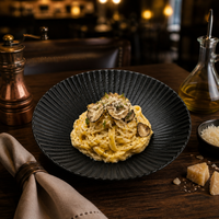 Piring Keramik Hitam Matte 9 Inci, Berlekuk, Tepi Lebar, untuk Sajian Pasta, Cocok untuk Hotel dan Restoran