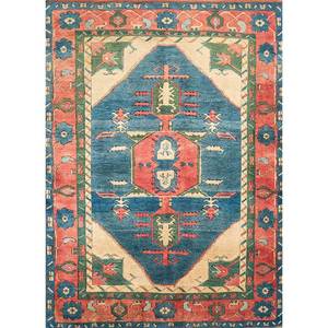 Tapis en laine noué à la main Nuray Blue 9x12 rectangulaire à motif médaillon abstrait pour entrée, salon, couloir, modèle Pae-955 - Product Image 1