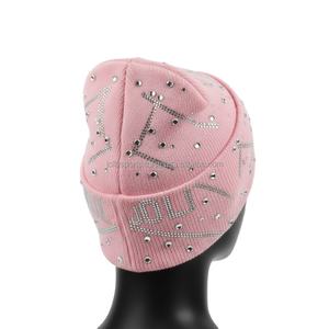Gorro de Punto Acrílico para Mujer, Color Rosa Suave, con Pedrería y Logotipo Personalizado, Gorro de Moda con Diseño Jacquard - Product Image 5