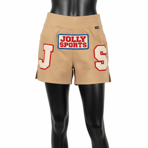 Shorts de sport pour femme en coton French Terry épais 300 GSM, beige clair, avec logo brodé en chenille. - Product Image 1