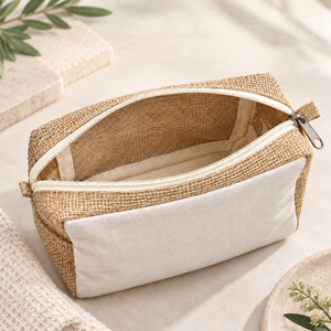 Pochette zippée carrée en toile de jute naturelle 8x5x3 pouces, logo personnalisé, réutilisable, portable, pour cosmétiques, maquillage, accessoires de voyage - Product Image 3