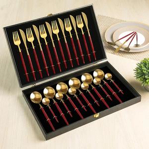 Stainless Steel Set Of 24 <b>Flatware</b> Ideal Kitchen Tabletop Cafe Use Gold Color Plated CutleryLong Red Handle Superior Quality - Product Image 1