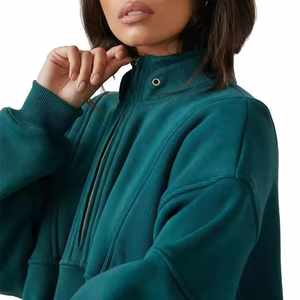 Jersey de peso pesado personalizado sudadera cálida de algodón polar de gran tamaño cuello redondo cremallera bordada recortada mujer tejido en blanco - Product Image 2