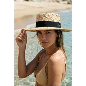 Straw Beige <b>Hat</b>, Flat Top, Black <b>Band</b>, Panama Style HSR2132 - HSR2132-BEJ - Product Image 1