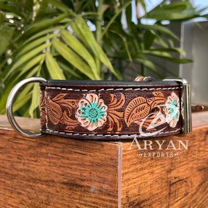 Manufacturer High Quality Heavy Duty Thick Cowhide Leather 1.5 Inch Wide Strong Durable Tooled Leather Custom Pet Dog Collars - Product Image 1