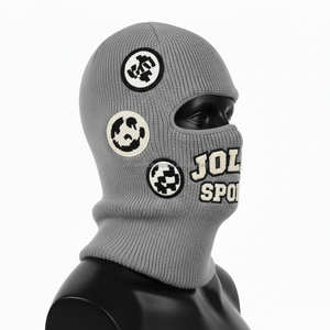Women premium knit balaclava 300 GSM soft acrylic blend grey color with chenille custom logo and embroidered patches balaclava - Product Image 3