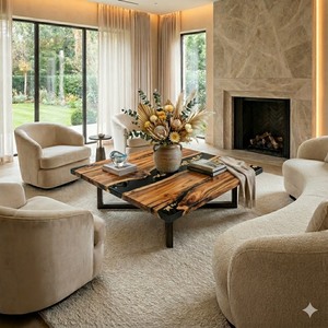 Mesa de Comedor Cuadrada de Resina Hecha a Mano, Moderna y de Lujo, con Cubierta de Madera de Acacia Sólida, Personalizable, con un Elegante Diseño de Río - Product Image 1