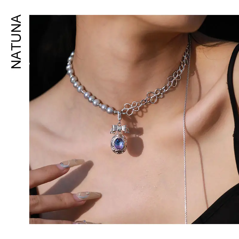 Natuna Popular Style Fashion Jewelry collana di perle grigie a farfalla cava in argento 925 per lavorare e vivere tutti i giorni