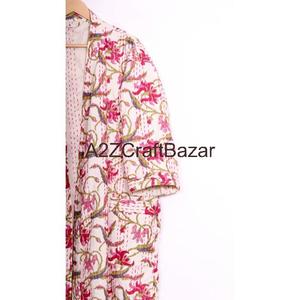 Robe de luxe pour femme en coton 100% respirant, courte, à manches trois quarts, à cordon de serrage, à col en V, à fleurs tissées vintage, faite à la main - Product Image 3