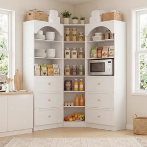 Vitrina Nórdica Blanca con Estantes Arqueados, Mueble para Vino con Cajón, Vitrina para Sala de Estar Esquinera, Mueble DR545 - Product Image 3