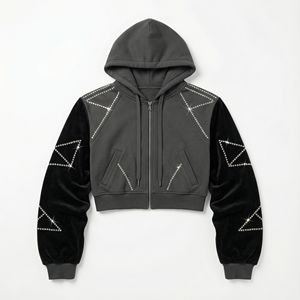 Sweat à capuche court pour homme en molleton 500 GSM 100% coton, noir, avec poche croisée ornée de strass, coupe ample, sur mesure, haute qualité, pour l'hiver - Product Image 6