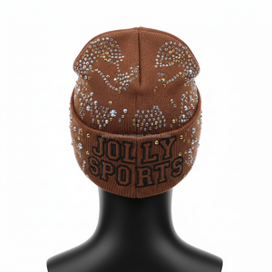 Bonnet en tricot acrylique GSM premium pour femme, élégant, avec strass, couleur marron, logo personnalisé disponible, bonnet jacquard. - Product Image 6