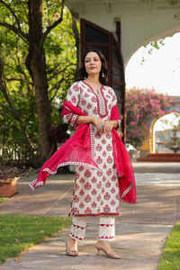 Kurta en pur coton à imprimé floral et col cranté avec pantalon et Dupatta produit en vrac de forme personnalisée faite à la main - Product Image 4